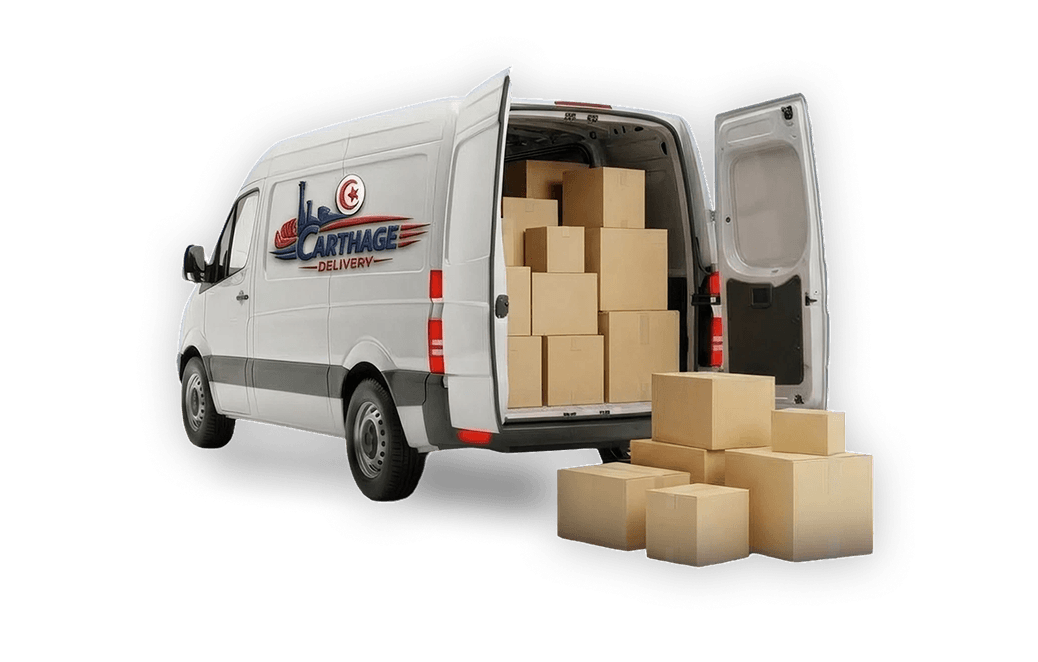 Camionnette de livraison Carthage Delivery avec cartons ouverts